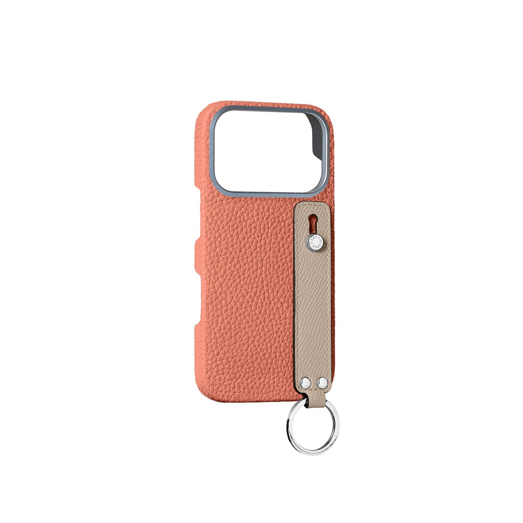 iPhone 17 Pro Back Cover Case with Handle Shrink Leather (Terracotta Orange × Greige - Silver)