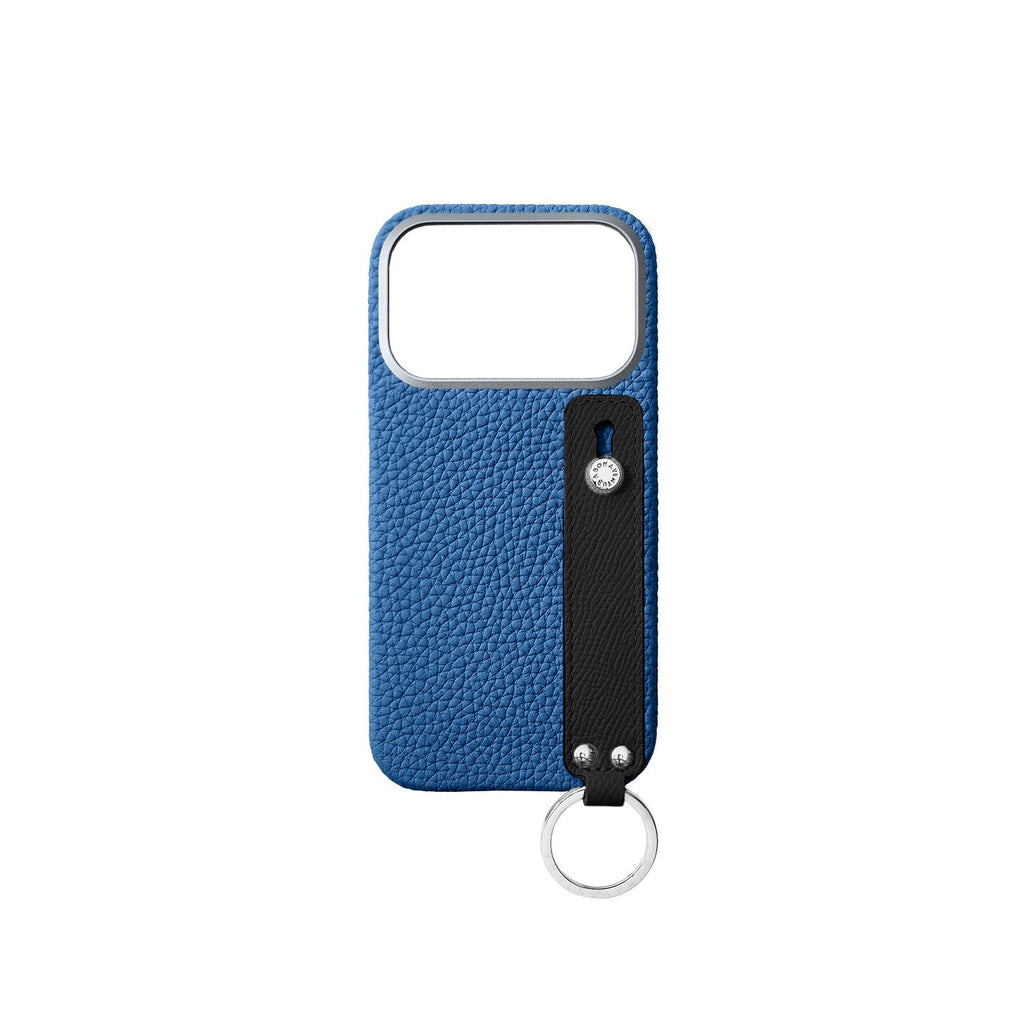 SAVOIA × BONAVENTURA iPhone 18 Pro Back Cover Case with Handle Shrink Leather (Savoia Blue × Black - Silver)