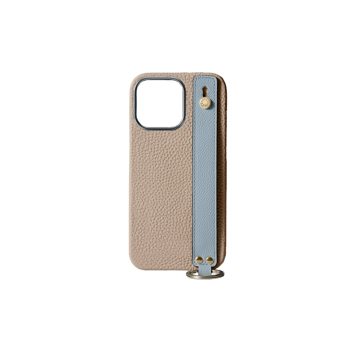 iPhone 15 Pro Back Cover Case with Handle Shrink Leather (Greige × Blue Lin - Gold)
