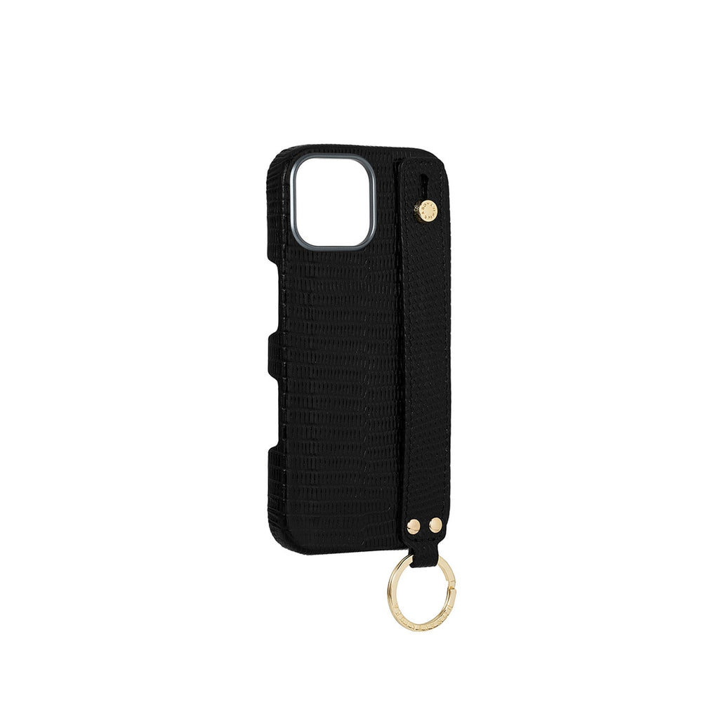 iPhone 17 Back Cover Case with Handle Embossed Lizard Leather (Black - Gold)