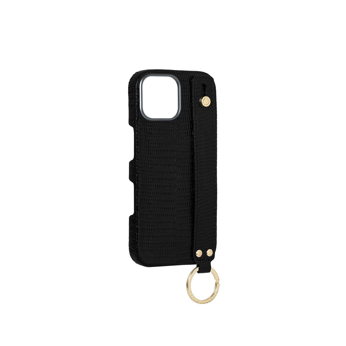 iPhone 17 Back Cover Case with Handle Embossed Lizard Leather (Black - Gold)