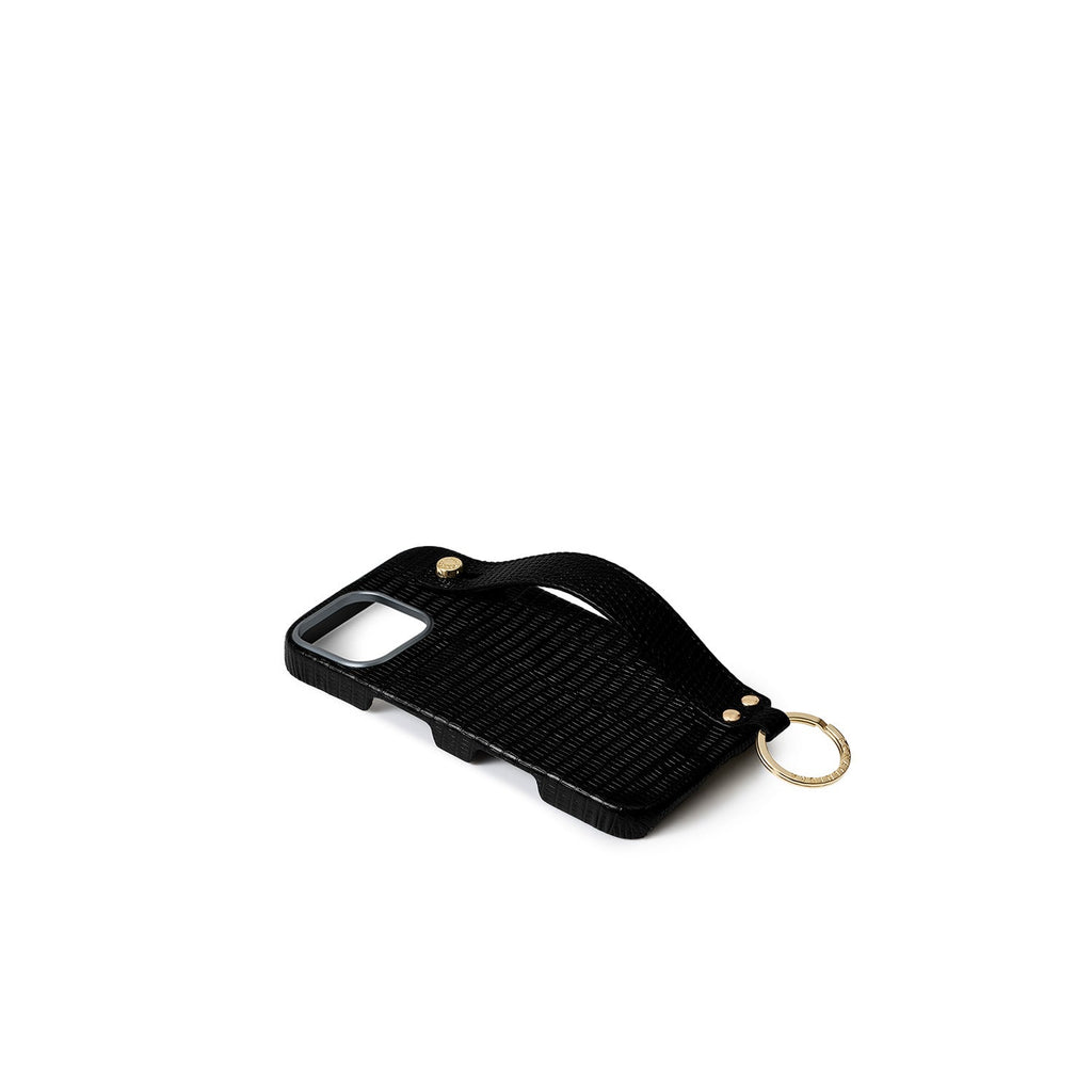 iPhone 17 Back Cover Case with Handle Embossed Lizard Leather (Black - Gold)