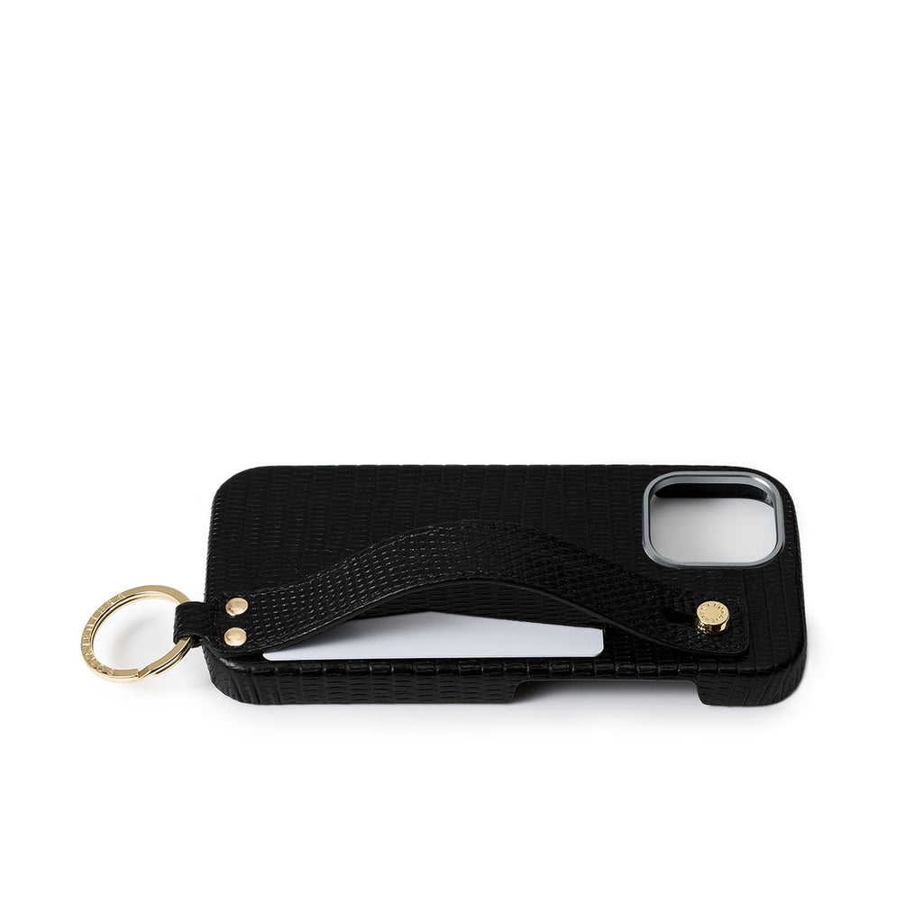 iPhone 17 Back Cover Case with Handle Embossed Lizard Leather (Black - Gold)