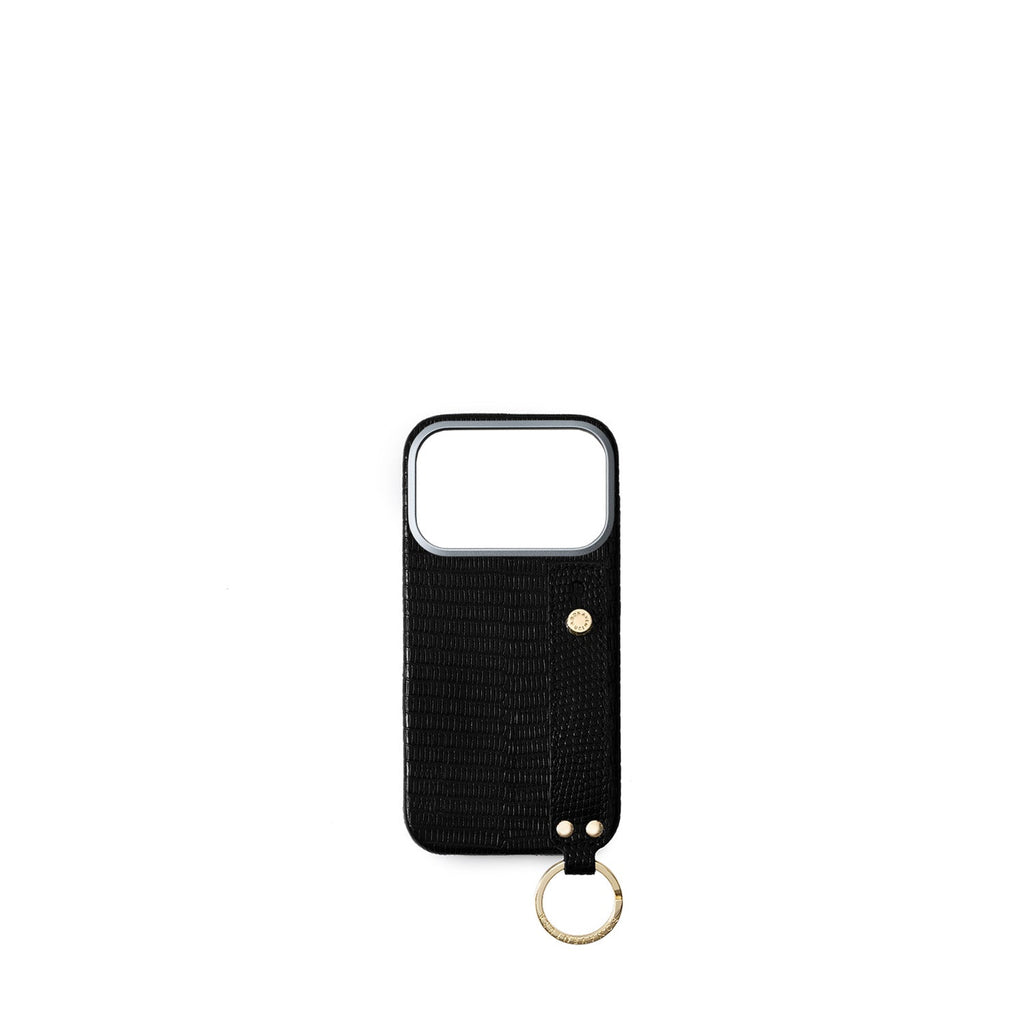iPhone 17 Pro Back Cover Case with Handle Embossed Lizard Leather (Black - Gold)