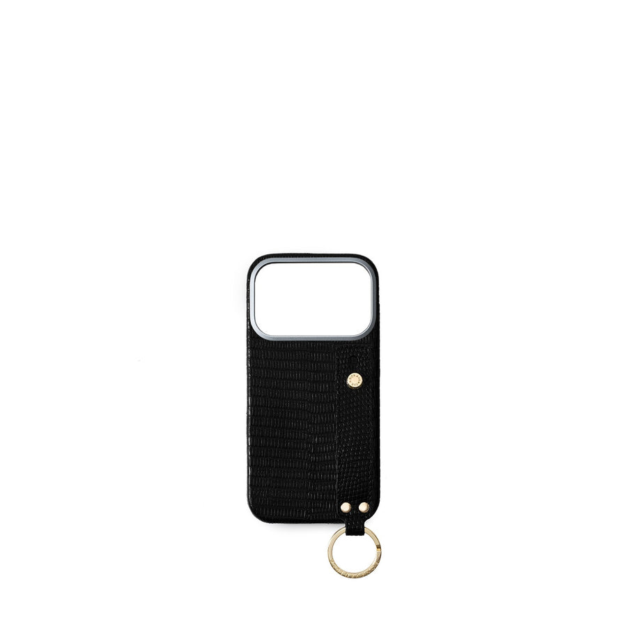 iPhone 17 Pro Back Cover Case with Handle Embossed Lizard Leather (Black - Gold)