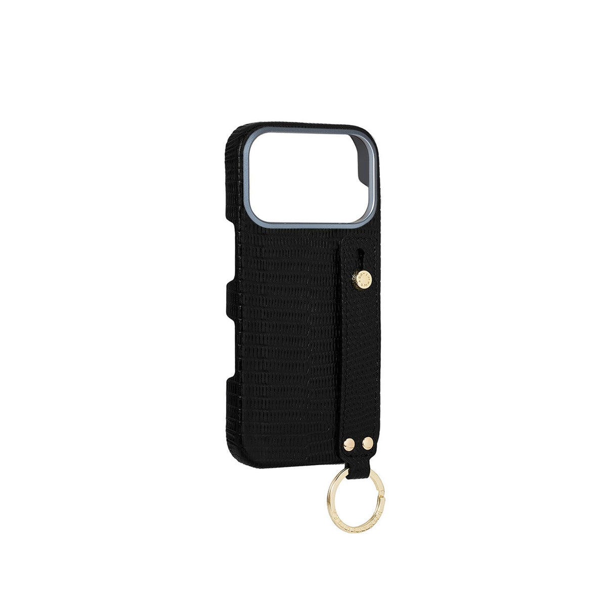 iPhone 17 Pro Back Cover Case with Handle Embossed Lizard Leather (Black - Gold)