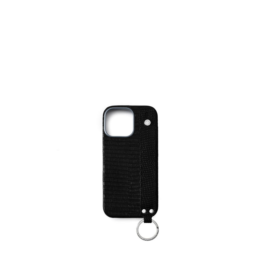 iPhone 16 Pro Max Back Cover Case with Handle Embossed Lizard Leather (Black - Silver)