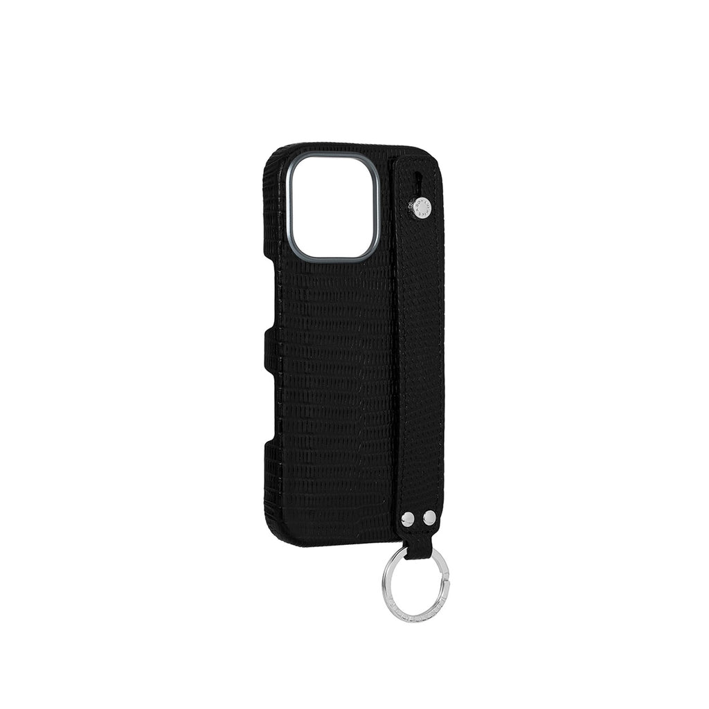 iPhone 16 Pro Max Back Cover Case with Handle Embossed Lizard Leather (Black - Silver)