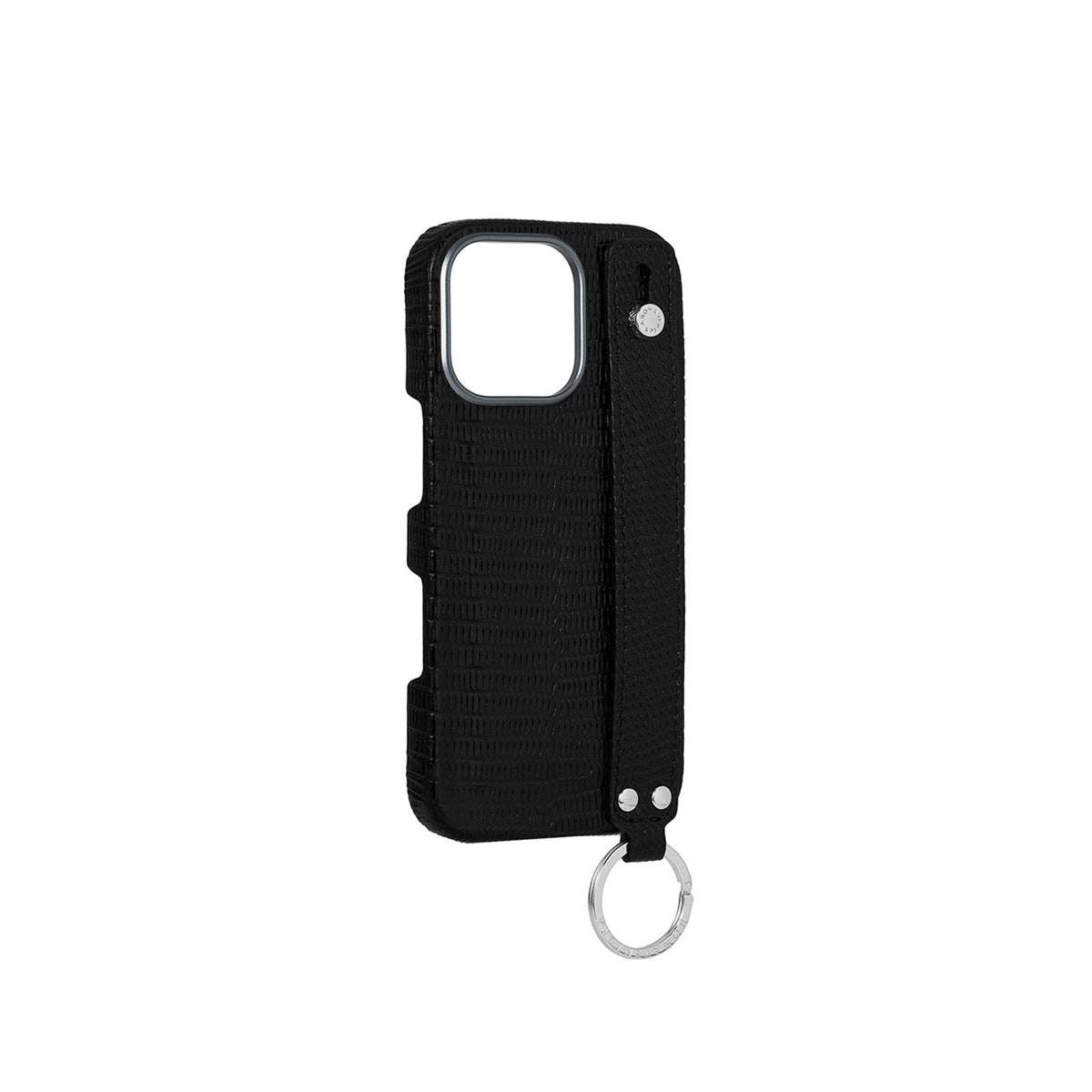iPhone 16 Pro Max Back Cover Case with Handle Embossed Lizard Leather (Black - Silver)
