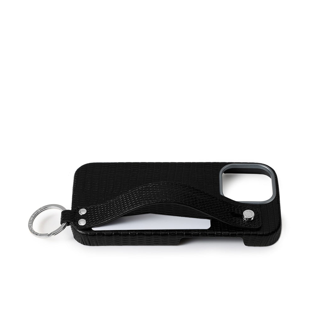 iPhone 16 Pro Max Back Cover Case with Handle Embossed Lizard Leather (Black - Silver)