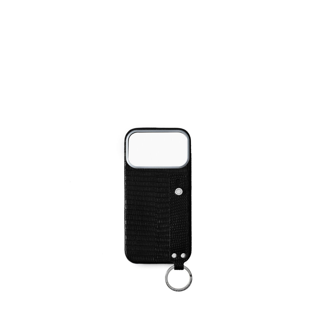iPhone 17 Pro Max Back Cover Case with Handle Embossed Lizard Leather (Black - Silver)