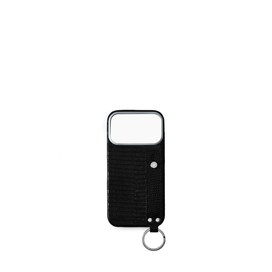 iPhone 17 Pro Max Back Cover Case with Handle Embossed Lizard Leather (Black - Silver)