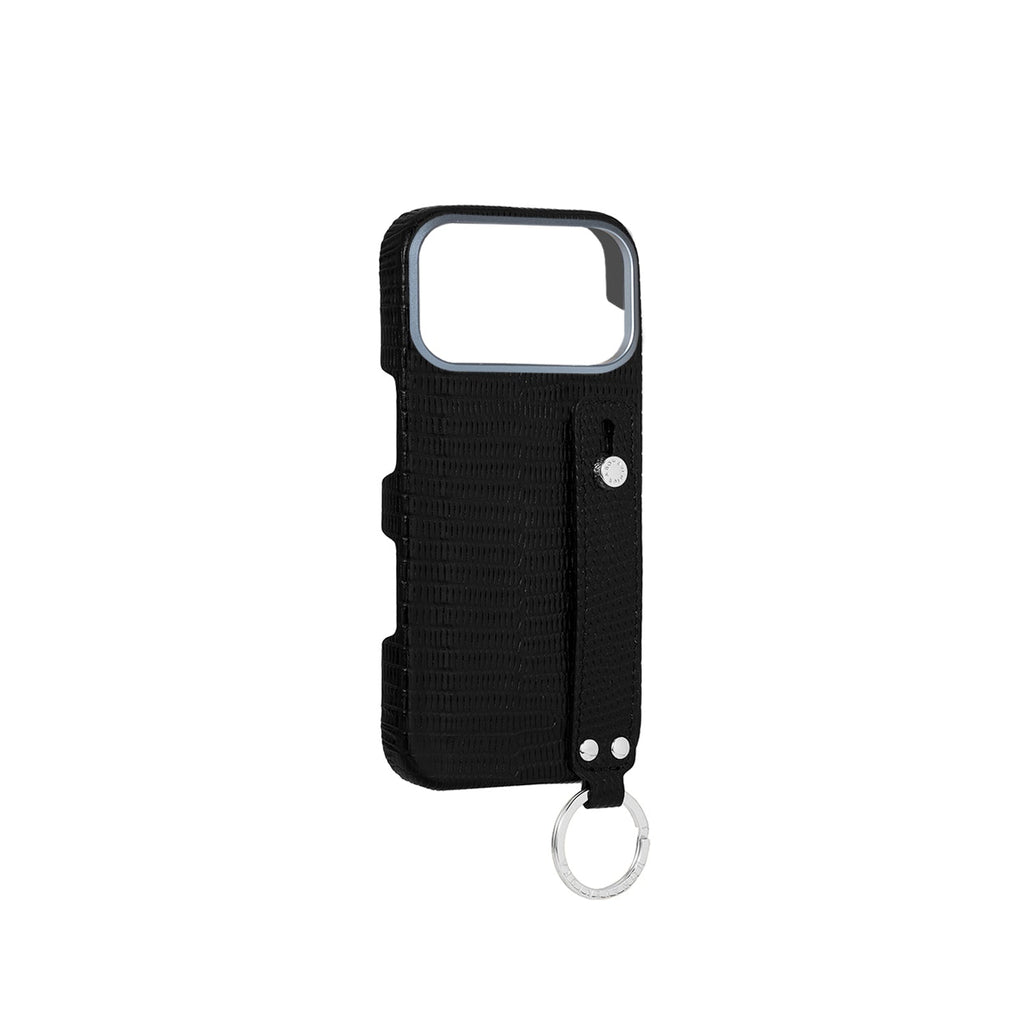iPhone 17 Pro Max Back Cover Case with Handle Embossed Lizard Leather (Black - Silver)
