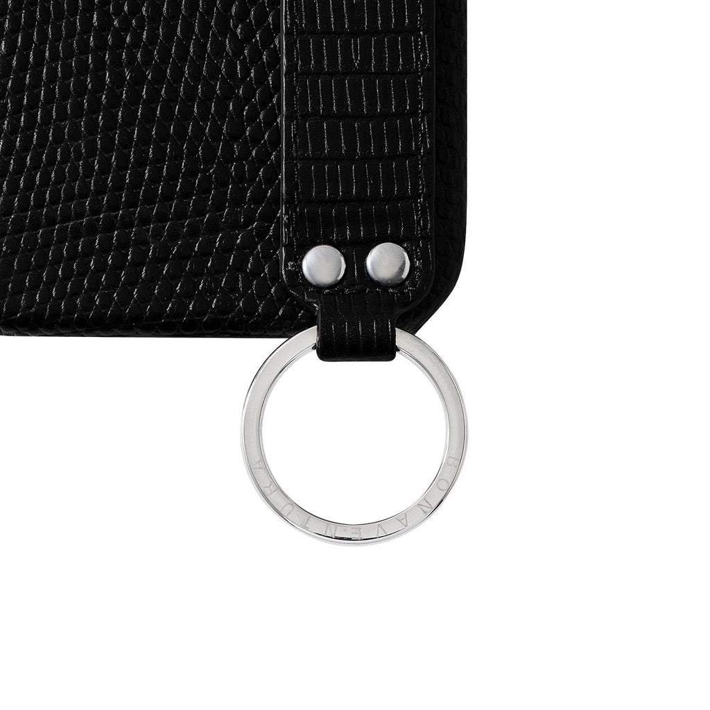 iPhone 17 Pro Max Back Cover Case with Handle Embossed Lizard Leather (Black - Silver)
